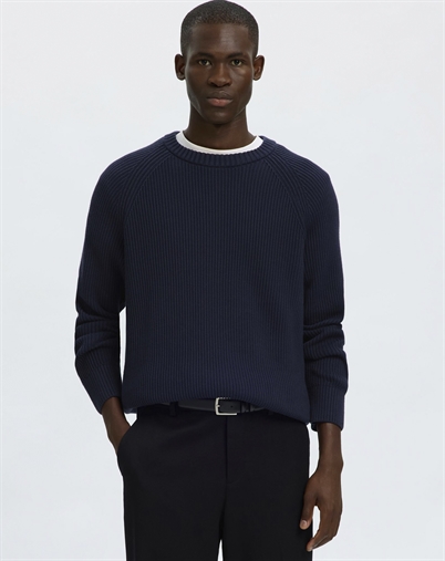 Selected - SLMBraun Rib Crew Strik - Navy Blazer